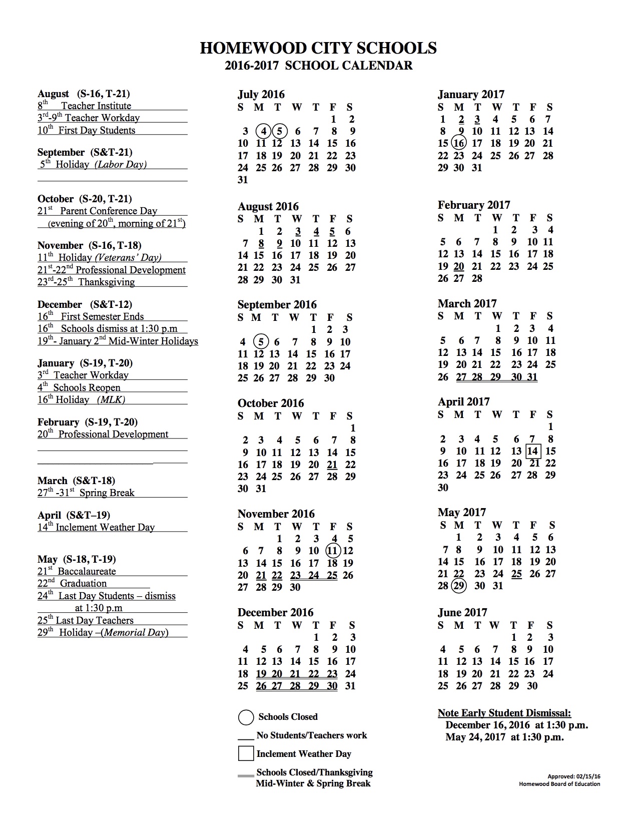 Homewood BOE approves 20162017 school year calendar